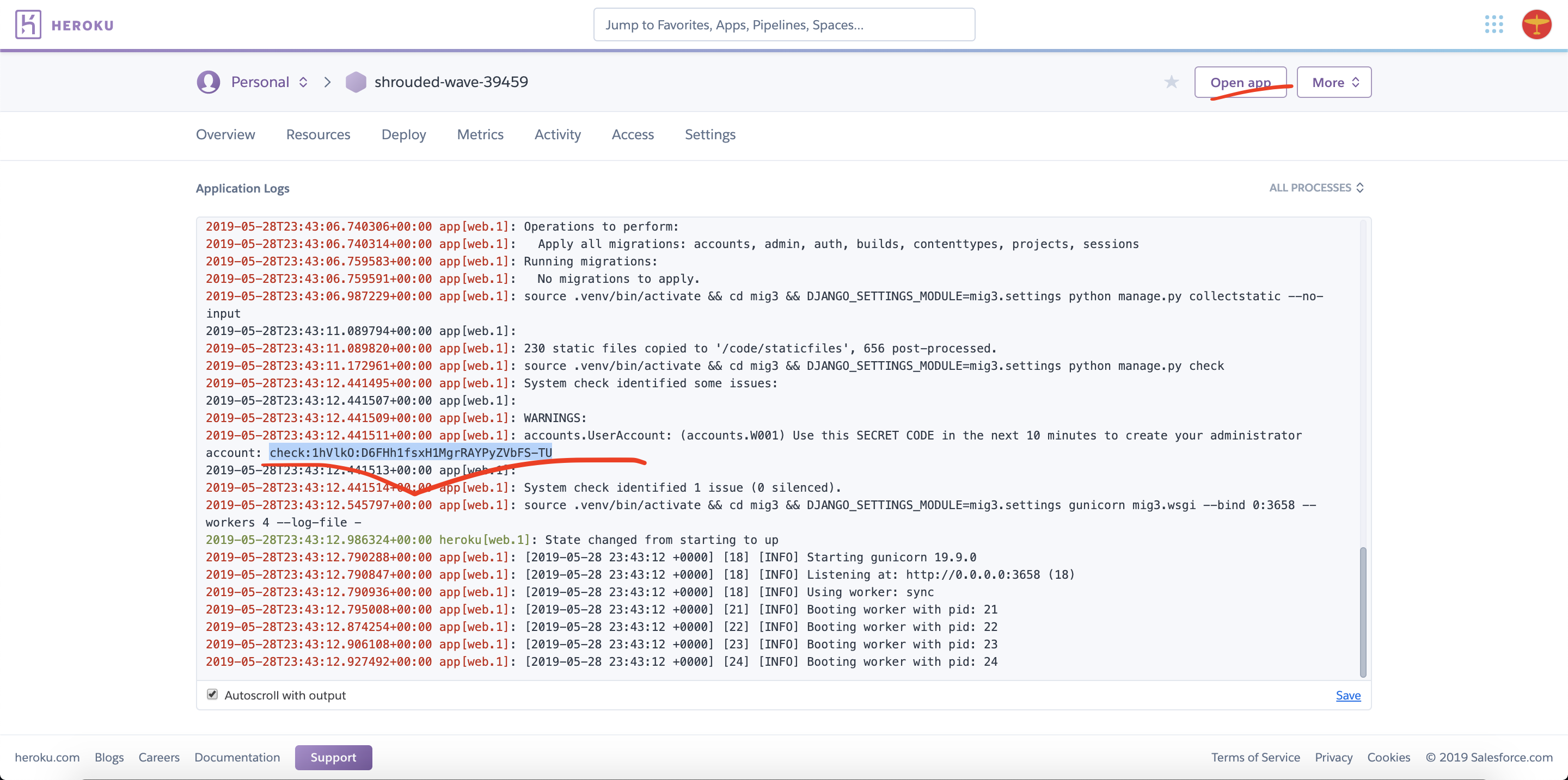 Figure 1-2: Underline indicating that user should copy secret code., Underline indicating user should select "Open app"